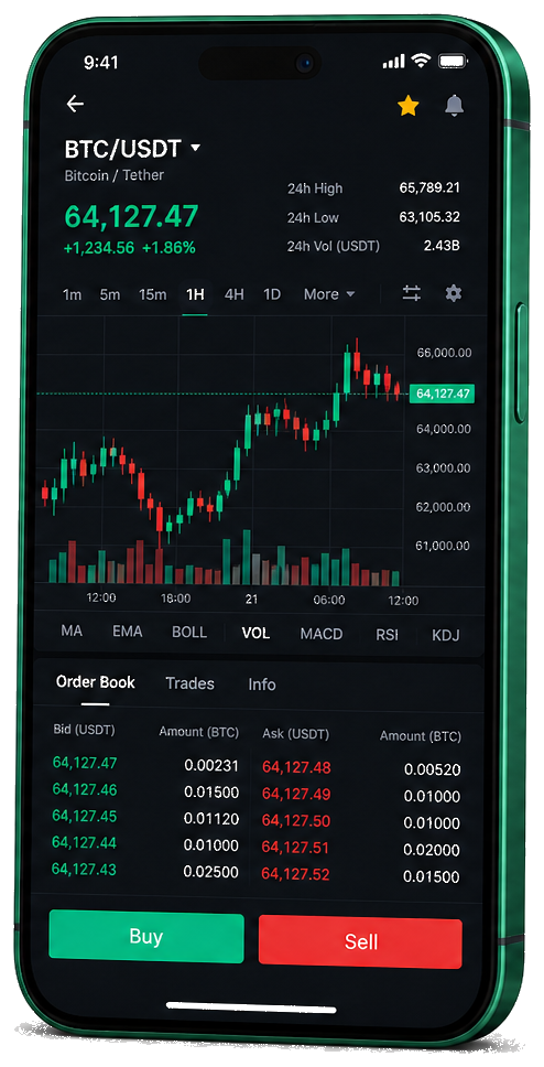 Application mobile LanéloXiv — graphique BTC/USDT en direct, carnet d’ordres et outils de trading